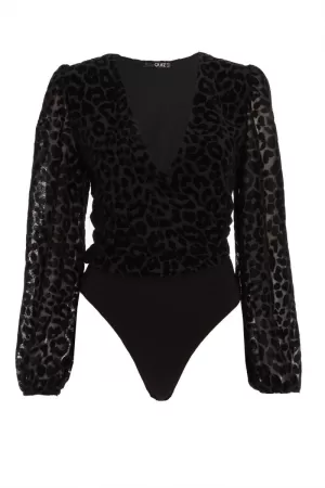Image of Quiz Black Velvet Wrap Bodysuit - 6
