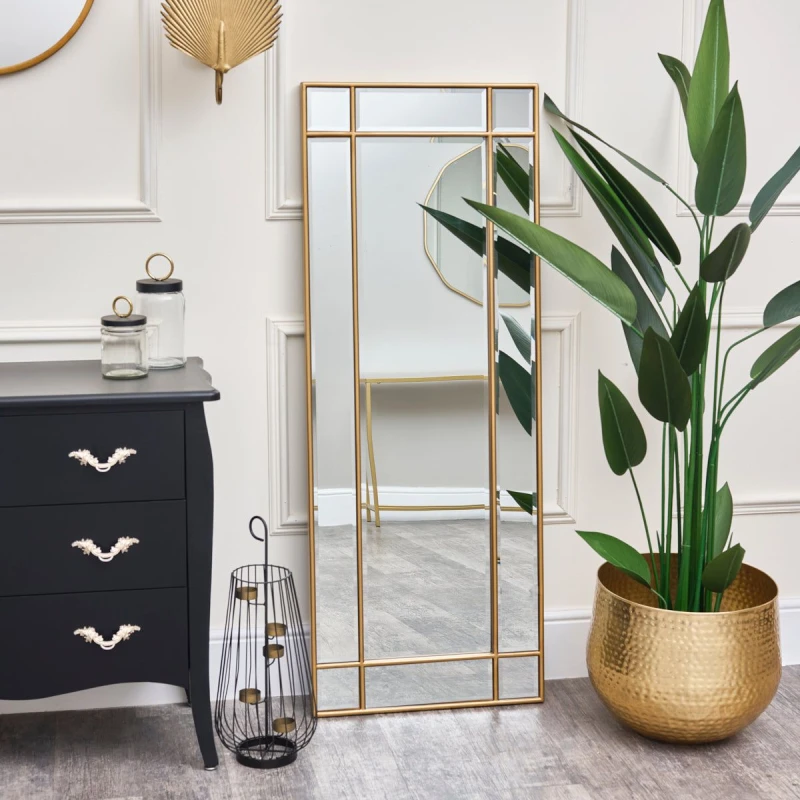 Image of Melody Maison Gold Framed Art Deco Wall / Leaner Mirror 54cm X 142cm Metallic Gold