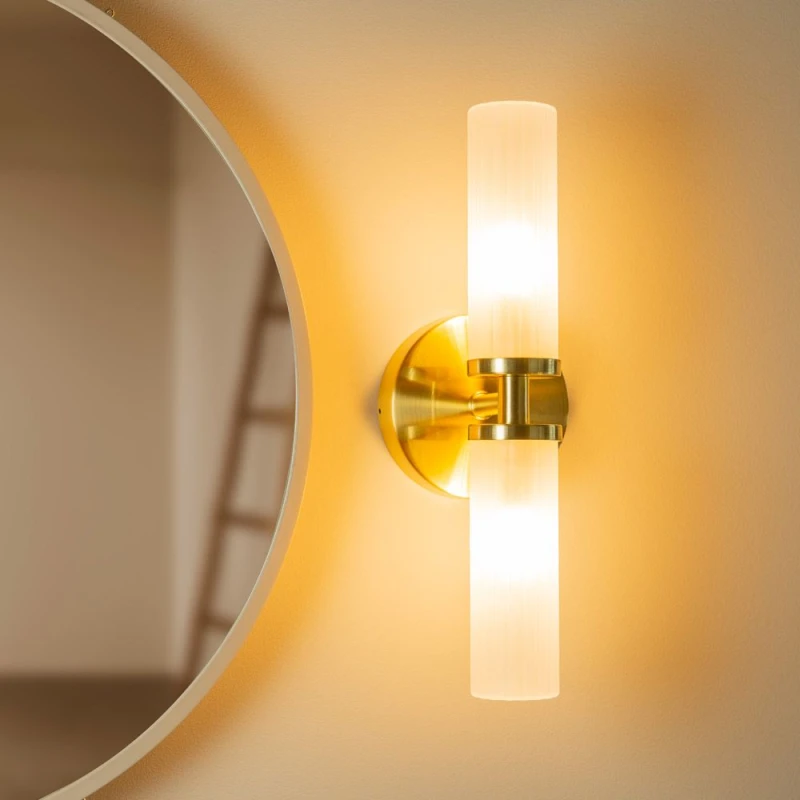Image of ValueLights ValueLights Canya Pair of Brushed Gold IP44 Up Down 2 Way Frosted Reeded Glass Wall Lights Gold One Size Unisex 5059406041235