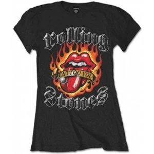 Image of Rolling Stones Flaming Tattoo Tongue Baclk Ladies T-Shirt - Small