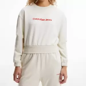 Image of Calvin Klein Jeans Womens Two Tone Monogram Crop Crew Neck Sweatshirt - Eggshell - M