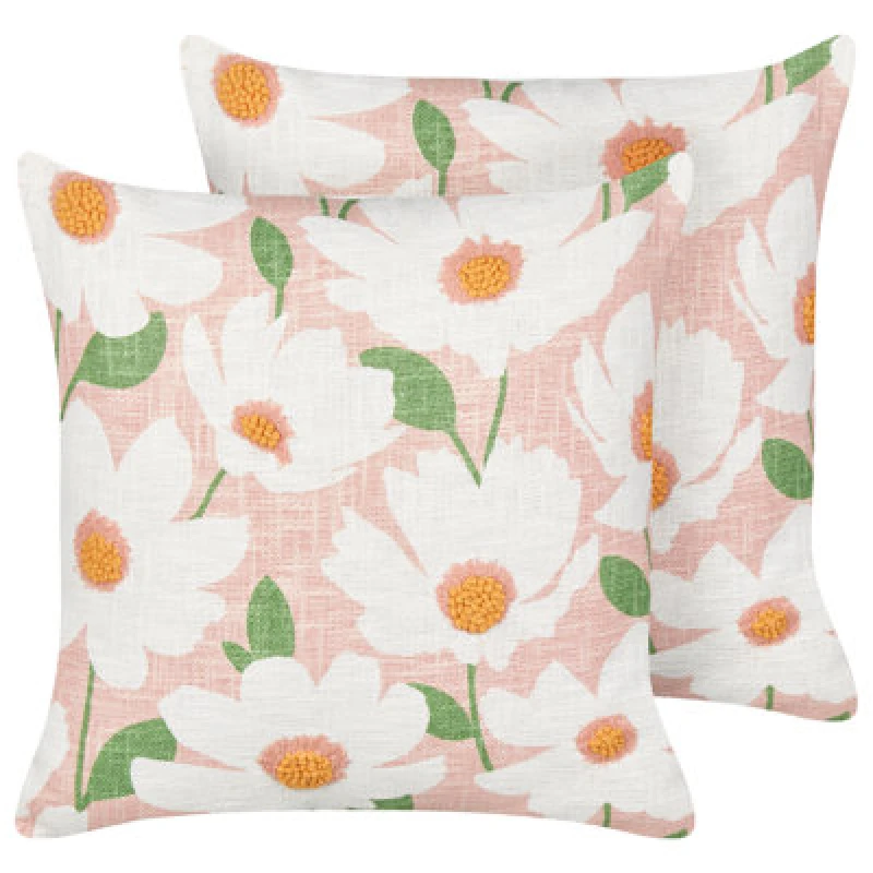 Image of Beliani Set Of 2 Decorative Cushions Jatropha Cotton 45 X 45cm Pink Floral Pattern