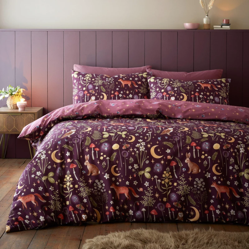 Image of Catherine Lansfield Catherine Lansfield 'Enchanted Twilight Animals' Reversible Duvet Cover Set in Plum Size: Double Plum Double Unisex 505768116319