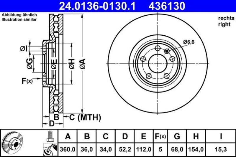 Image of Brake disc ATE 24.0136-0130.1