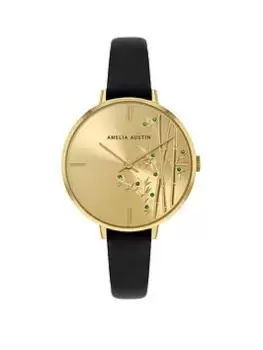 Image of Amelia Austin Bamboo Ladies Black Leather Strap Green Stone Set Etched Dial Watch