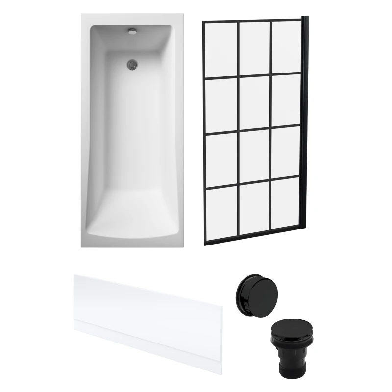 Image of Balterley Square Bath, Framed Screen, Front Panel, Black Waste -1700x700mm Black