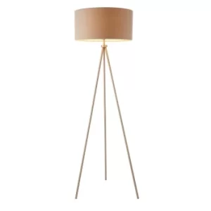 Image of Tri 1 Light Floor Lamp Matt Nickel, Grey Linen Effect, E27