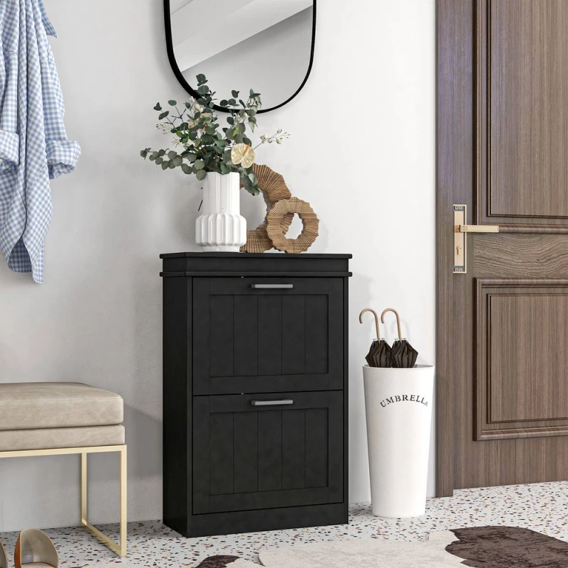 Image of HOMCOM Slim Shoe Storage Cabinet with 2 Flip Drawers for Entryway, Black Unisex