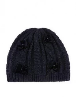 image of Monsoon Girls Recycled Sparkle Velvet Bow Beanie Hat - Navy