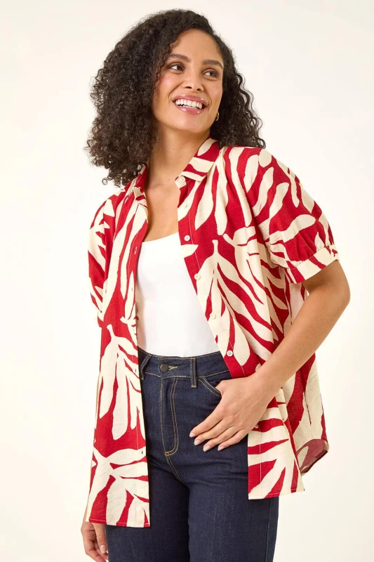 Image of Roman Womens Abstract Print Collared Shirt in Red Size: 10 Red Female 10