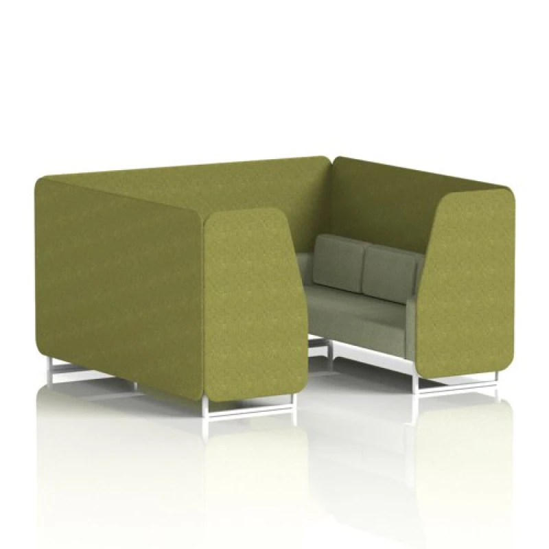Image of Brixworth 6 Seater Office Booth with Front Panel - White Legs in Rivet Fabric - Olive Panels and Burnish Sofa
