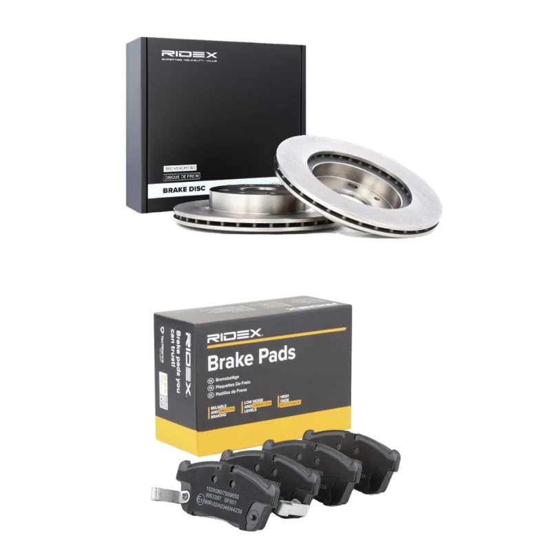 Image of RIDEX 3405B2782 Brake disc and pads set Front Axle, Brake Disc Type: internally vented, incl. wear warning contact Brake Set,disc brakes (3405)