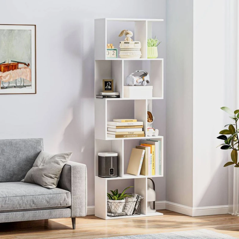 Image of HOMCOM 5-tier Display Shelving Storage Bookcase S Shape Bookshelf, White White Unisex