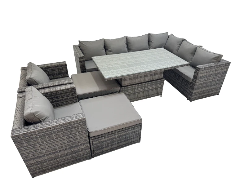 Image of Fimous 10 Seater Rattan Corner Sofa Sets with 2 Chairs 2 Big Stools in Dark Grey Dark Grey Unisex