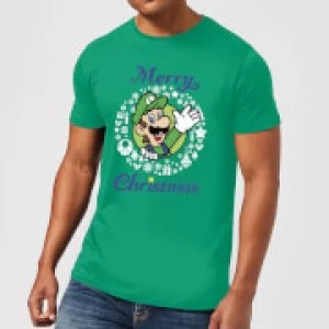 Image of Nintendo Super Mario Luigi White Wreath Merry Christmas Green T-Shirt - L - Green
