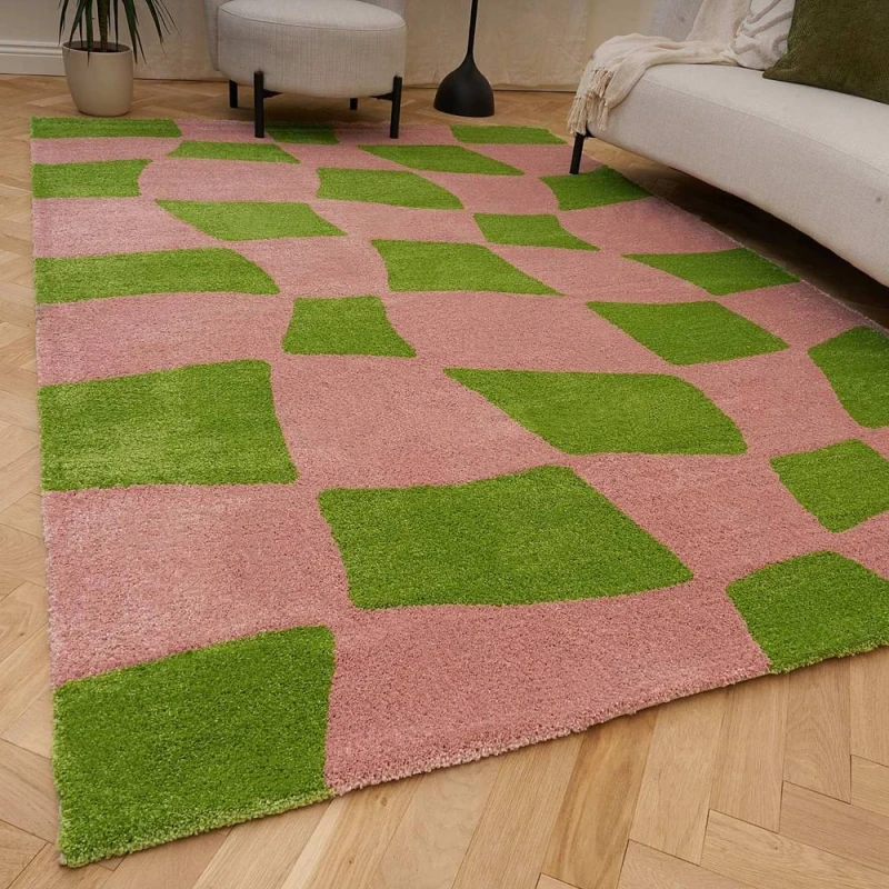 Image of THE RUGS Joli Chequered Soft & Dense Pile Living Room & Bedroom Rug in Green Size: 80cm x 150cm Green Unisex 80cm x 150 cm
