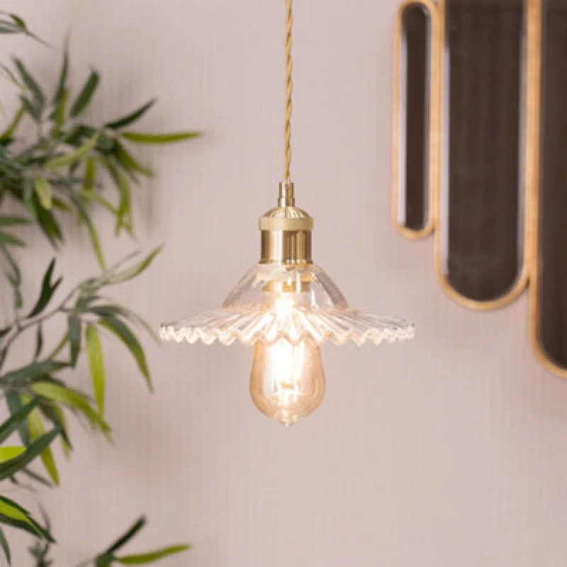 Image of ValueLights ValueLights Lucrezia Pendant Light with Frilled Glass Shade and LED Bulb in Amber Size: 9" Amber 9" Unisex 5059406040580
