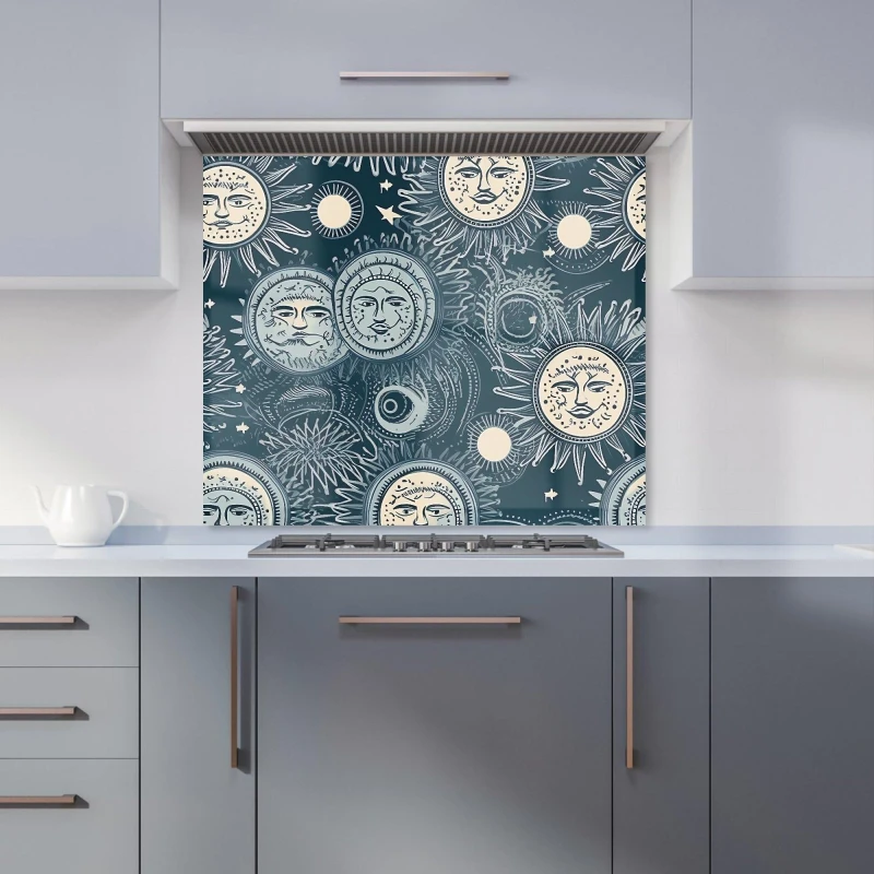 Image of Warren Reed - Designer Silver Blue Moon & Stars Kitchen Splashback Size: 700mm x 750mm Blue Unisex 700mm x 750mm