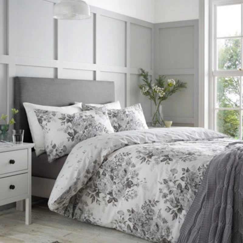 Image of Catherine Lansfield Elinda Floral Reversible Duvet Cover Set With Pillowcases Grey