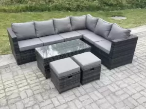 Image of Fimous 6 Seater Outdoor Dark Grey Rattan Lounge Complete Sofa Set Right Side with Rectangular Coffee Table and 2 Stools