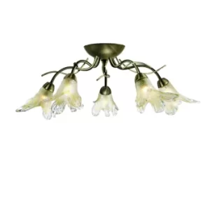 image of Lily 5 Light Semi Flush Multi Arm Ceiling Light Antique Brass and Glass, G9