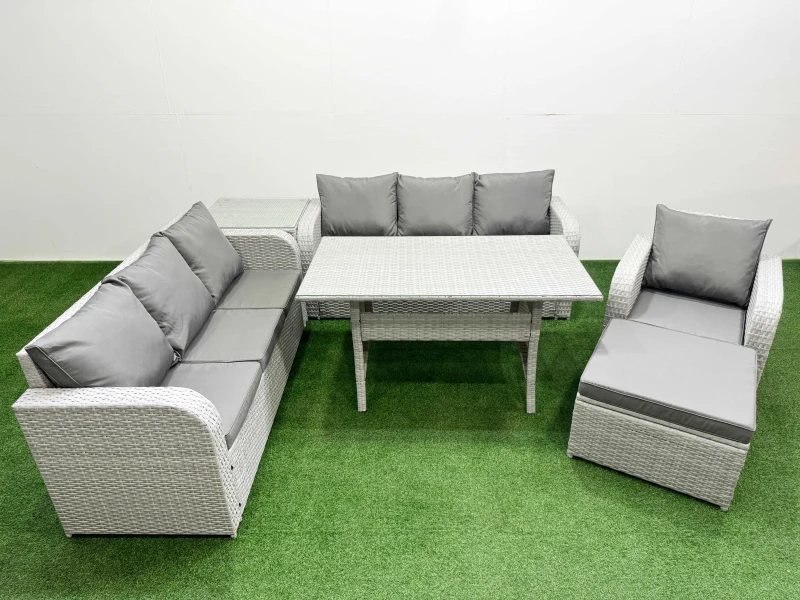 Image of Fimous 8 Seater Poly Rattan Outdoor Garden Furniture Rectangular Dining Table Sofa Set Patio 3 Seater Sofa Reclining Chair 3 Seater Sofa Big Footstool
