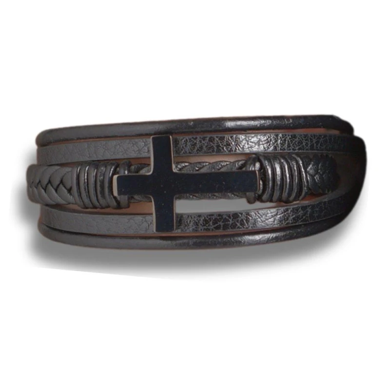 Image of Aye Do Gifts Mens Black Leather Cross Bracelet Black male One Size