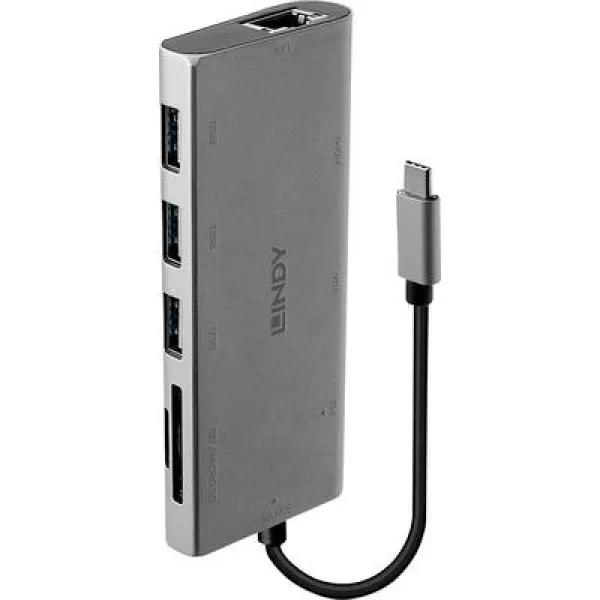Image of LINDY 43278 USB-C Converter [1x USB-C plug - 3x USB 3.2 1st Gen port A (USB 3.0), VGA socket, HDMI socket, RJ45 socket, USB-C socket, SD Card slot,