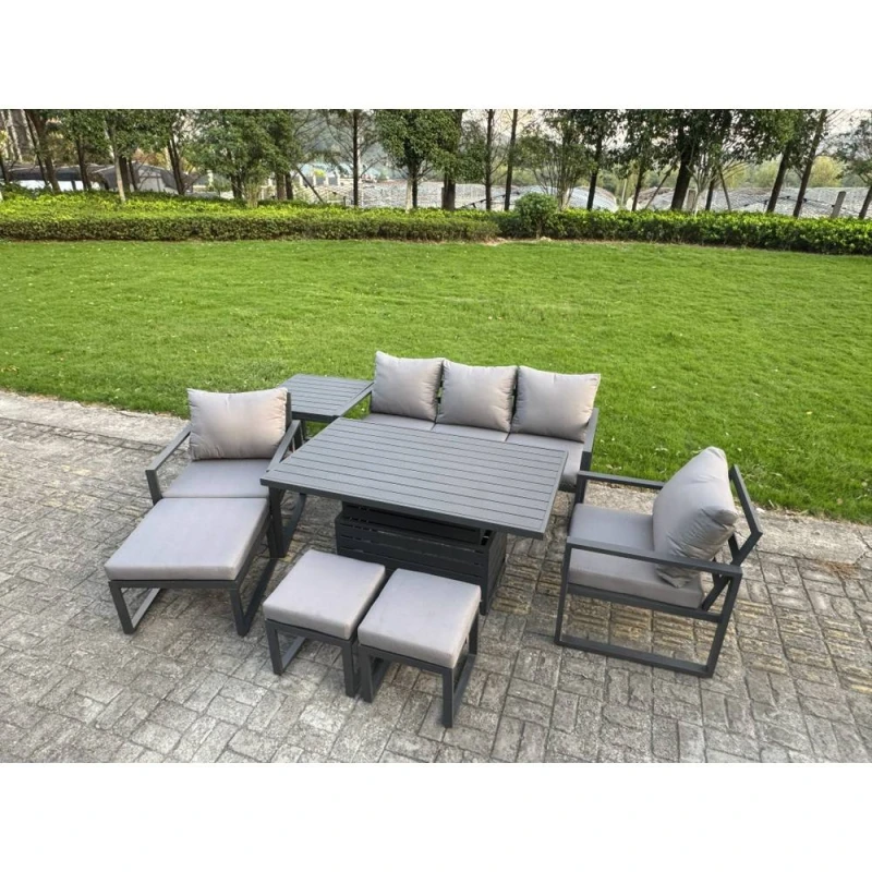 Image of Fimous Aluminum 8-Seater Sofa Set with Lifting Table, 2 Chairs, 3 Footstools in Dark Grey Dark Grey Unisex