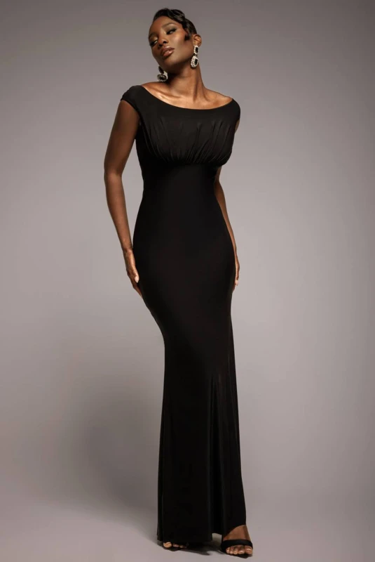 Image of Goddiva Womens Open Back Cowl Neck Gathered Maxi Dress With Velvet Tie Back in Black Size: 6 Black Female 6