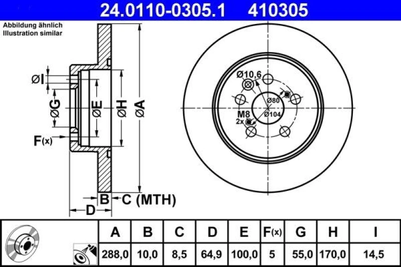 Image of ATE 24.0110-0305.1 Brake disc Solid, Coated Brake Disc (82)