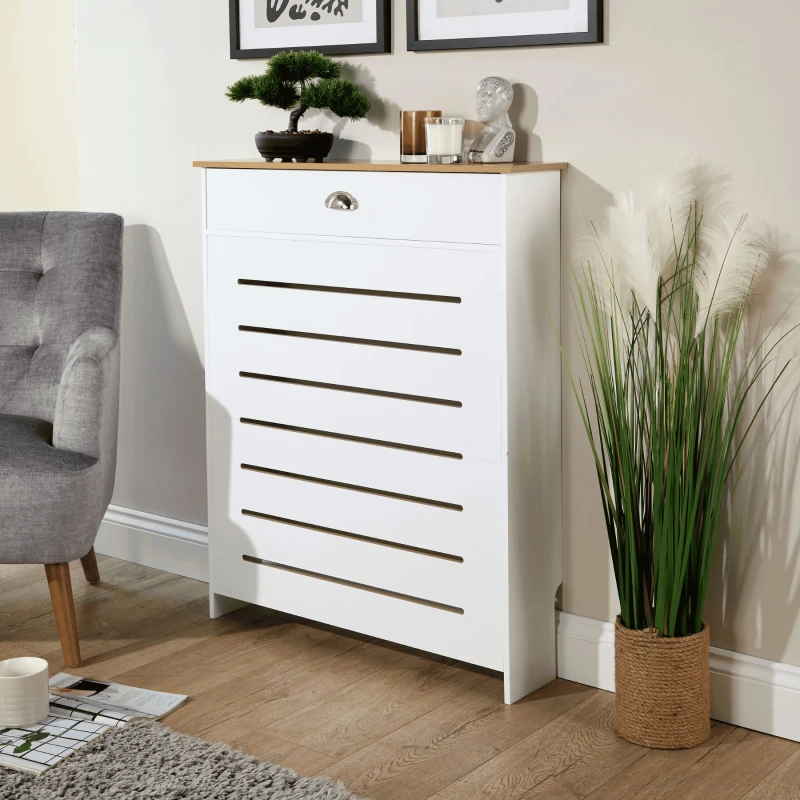 Image of Home Source Batley Radiator Cover Grill Shelf Cabinet With Drawer MDF Modern White White Unisex