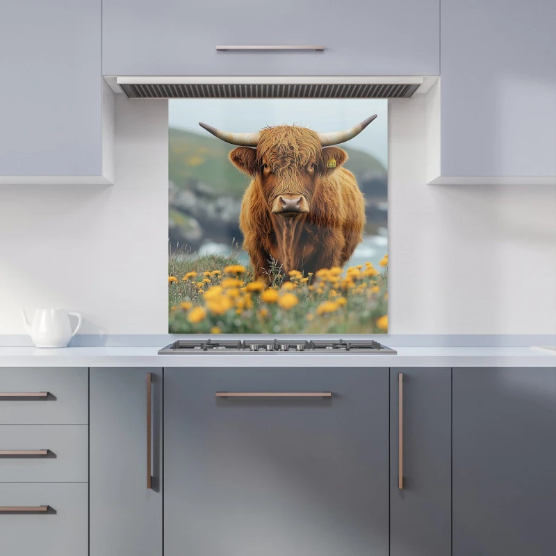 Image of Warren Reed - Designer Highland Cow By The Coast Kitchen Splashback in Brown Size: 700mm x 750mm Brown Unisex 700mm x 750mm