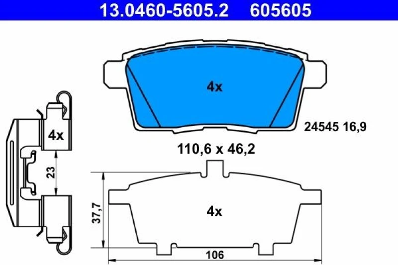 Image of ATE 13.0460-5605.2 Brake pad set excl. wear warning contact, with accessories, with anti-squeak plate Brake Pad Set,disc brake (402)