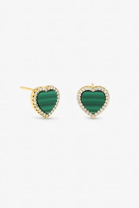 Image of Jon Richard Womens Gold Plated Crystal & Malachite Heart Stud Earrings Gold Female One Size