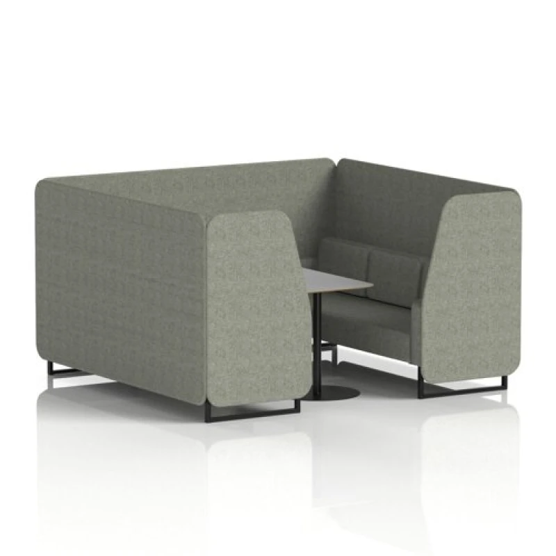 Image of Brixworth 6 Seater Office Booth with Front Panel - Black Legs and Grey Table with Black Leg in Rivet Fabric - Vitreous Panels and Sofa