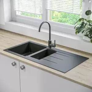 Image of 1.5 Bowl Inset Black Composite Kitchen Sink with Reversible Drainer - Enza Madison