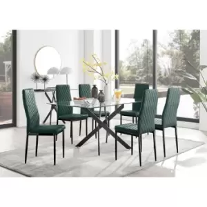 Image of Furniturebox UK - Furniturebox Leonardo 6 Black Leg Glass Dining Table and 6 Green Milan Velvet Dining Chairs With Black Legs Diamond Stitch Modern