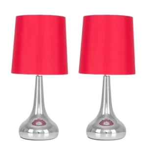 image of Pair of Chrome Teardrop Touch Table Lamps with Red Shade