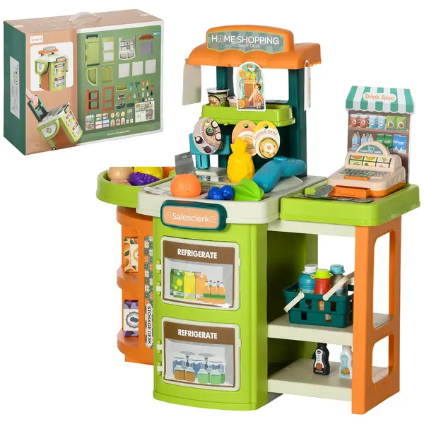 Image of AIYAPLAY Cash Register for Kids Children Trolley, 58 Pcs Foldable Toy Shop Pretend Play Till w/ Scanner, Beverage Food Vegetable, for Kids Aged 3-6