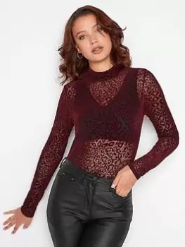 image of Long Tall Sally Leopard Mesh Top - Red, Size 12, Women