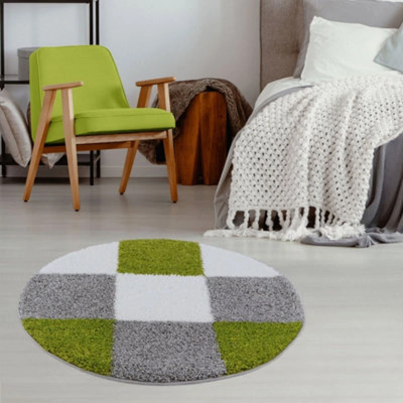 Image of THE RUGS Fluffy & Soft Shaggy Rugs Living Room Rug in Green - Elegant Geometric Design Carpets For Bedrooms & Kitchen 381 Size: 120cm diameter Gr