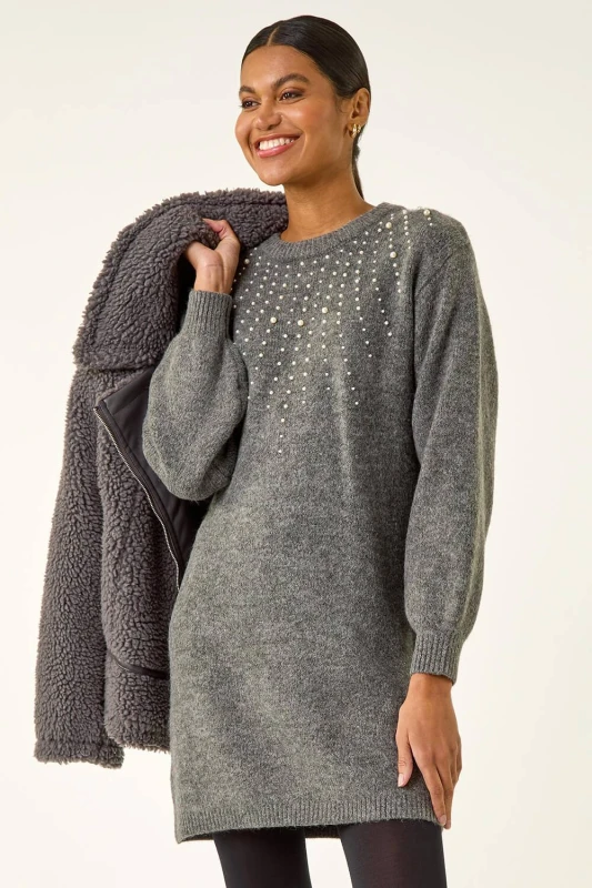 Image of Roman Womens Faux Pearl Embellished Knit Dress in Grey Size: 18 Grey Female 18