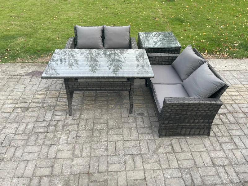 Image of Fimous Dark Grey PE Wicker Rattan Garden Furniture Set Love Sofa Outdoor Rectangular Dining Table Side Table Dark Grey Unisex
