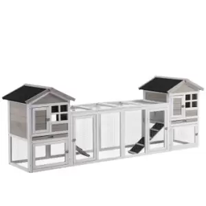 image of 2-In-1 Wooden Rabbit Hutch w/ Double House, Run Box, Slide-Out Tray