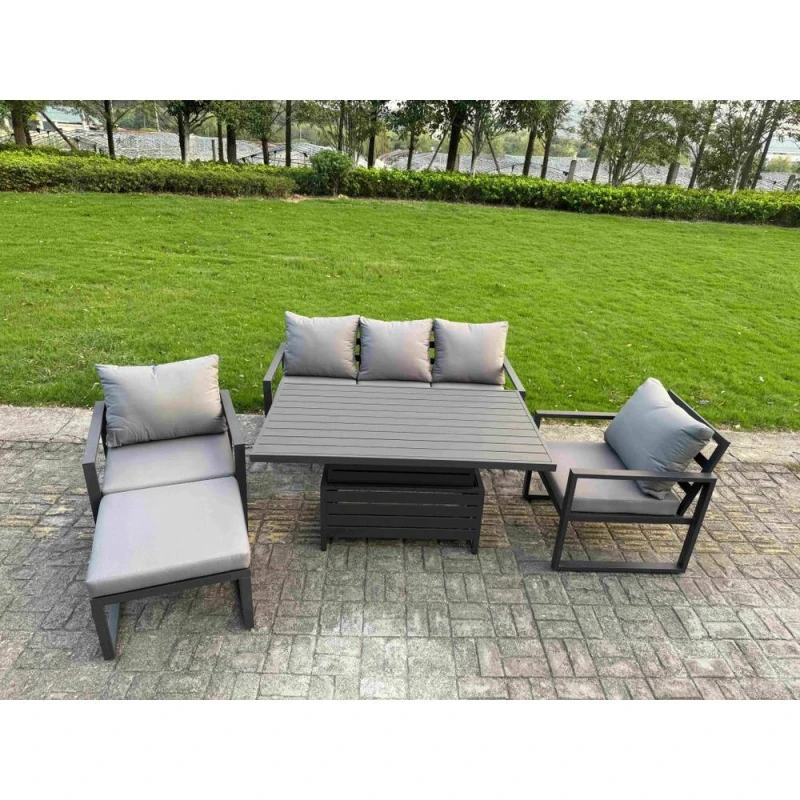 Image of Fimous Aluminum 5 Piece 6-Seater Sofa Set with Lifting Table & Big Stool in Dark Grey Dark Grey Unisex