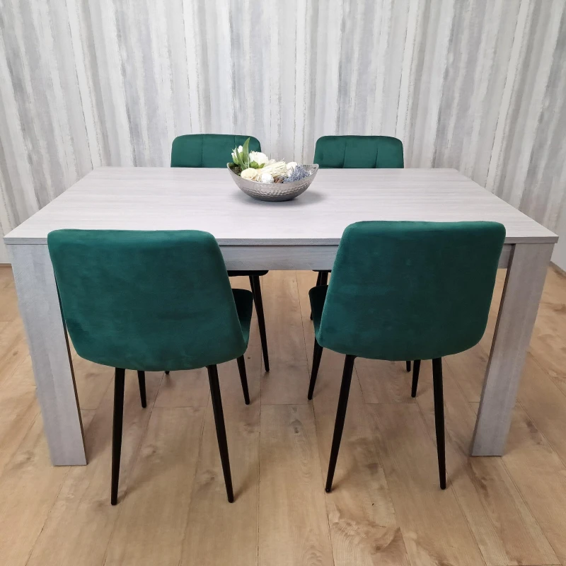 Image of KOSY KOALA Dining Table In Grey With 4 Green Velvet Chairs Kitchen Dining Table for 4 Dining Room Dining Set Grey