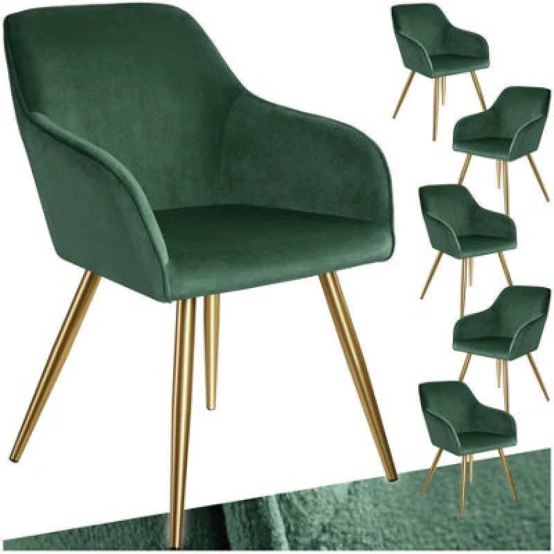 Image of Tectake Set Of 6 Chair Marilyn With Velvet Cover, Gold Steel Legs And Plush Padding - Dark Green/gold