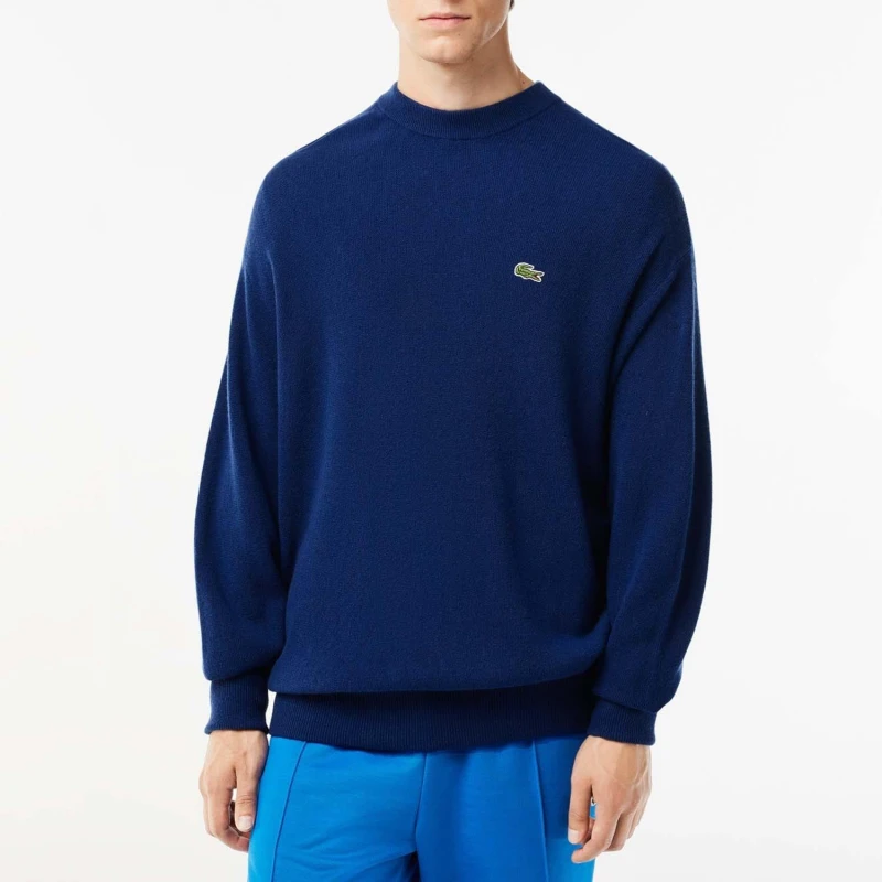Image of Lacoste Relaxed Fit Crewneck Wool Sweatshirt - Blue Blue XS