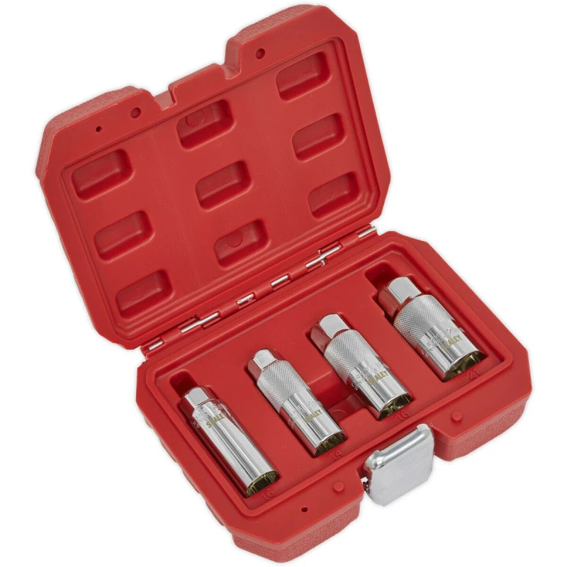 Image of Loops 4 Piece Magnetic Spark Plug Socket Set - 3/8" Sq Drive WallDrive Sockets - Steel Metallics